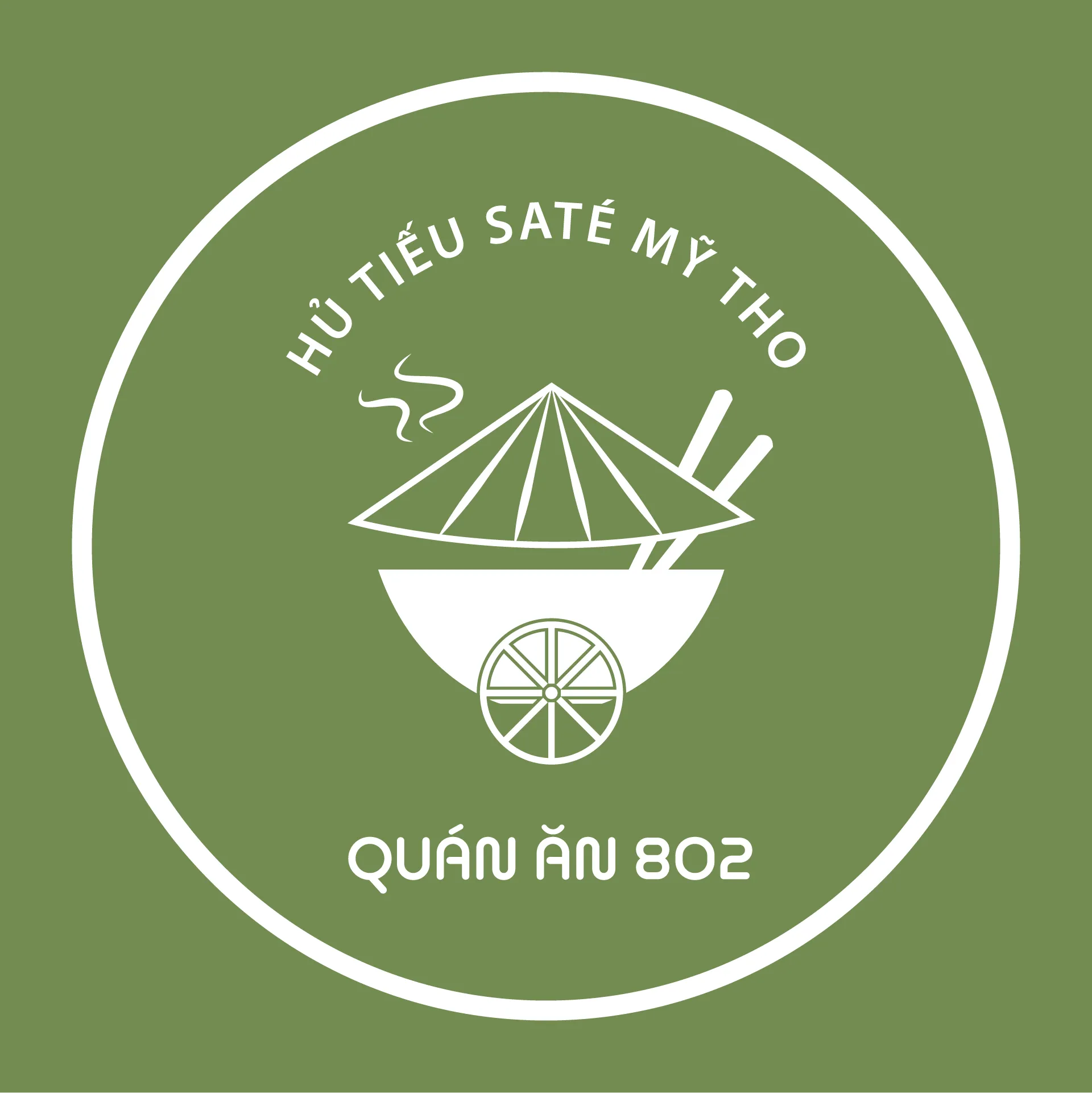 Circle logo mark for Quán Ăn 802 — hat-and-bowl illustration in olive green