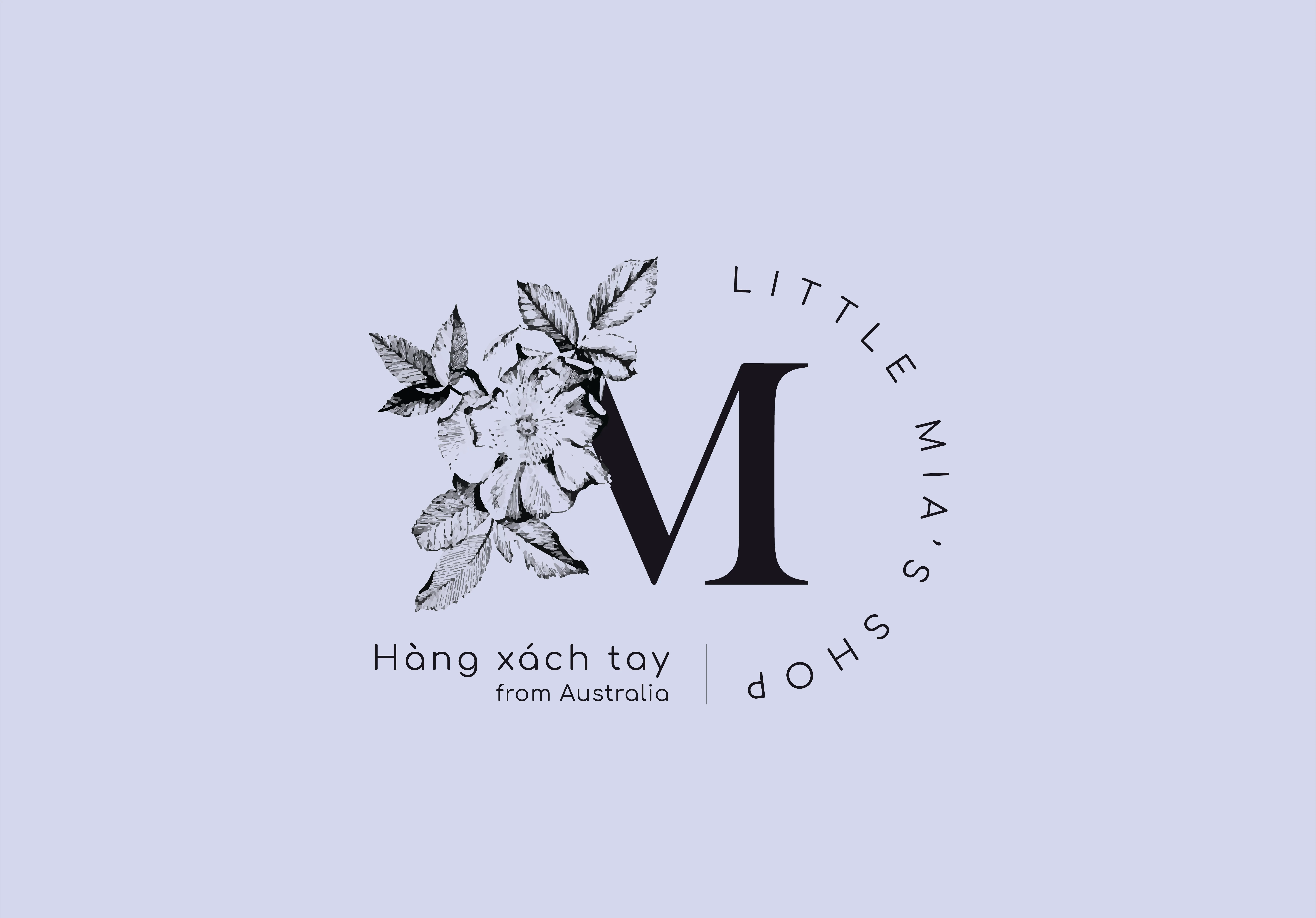 Logo mark for Little Mia's Shop — decorative M with botanical floral illustration