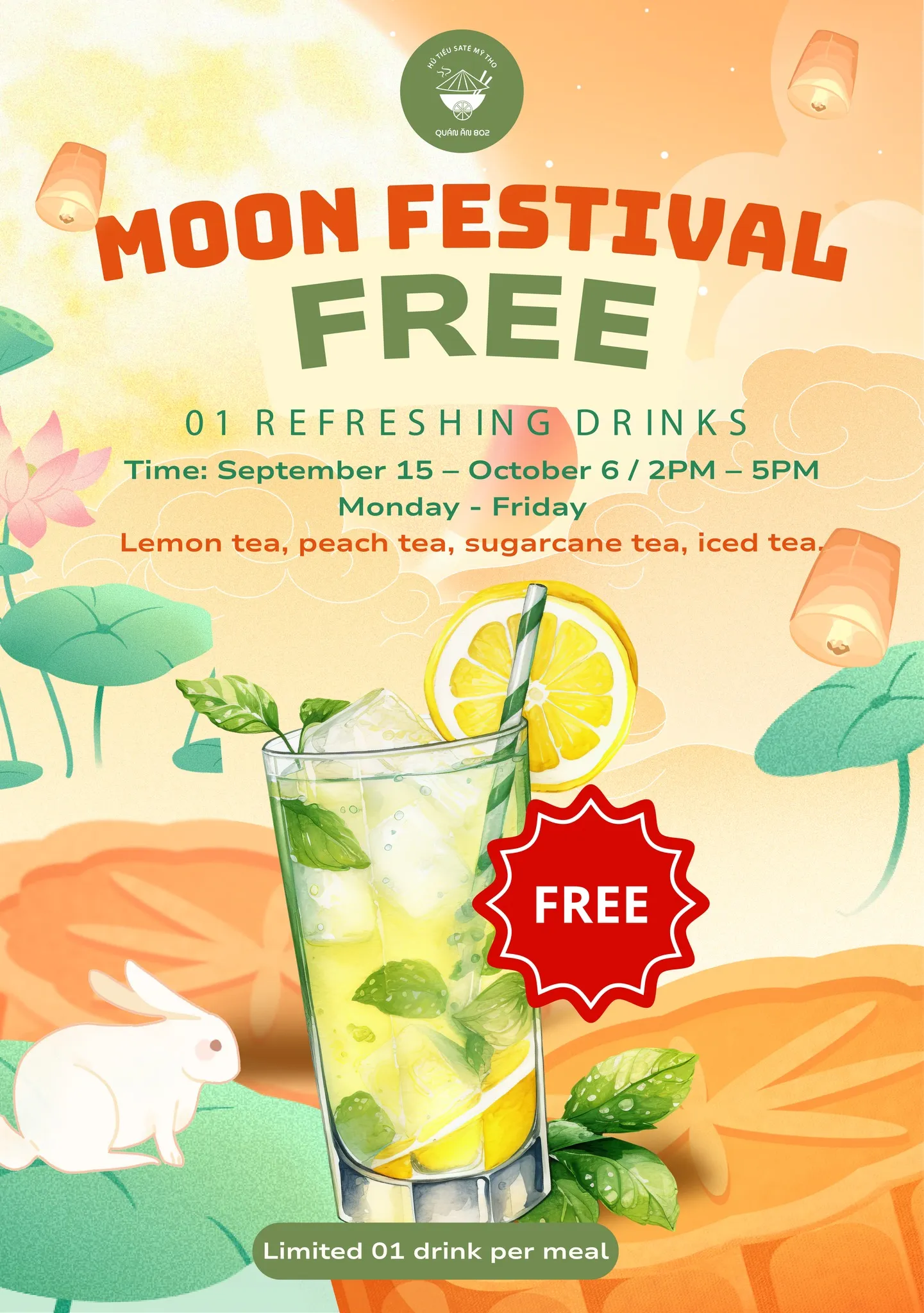 Illustrated Moon Festival promotion poster — lanterns, lotus and iced lemon-tea with free-drink offer