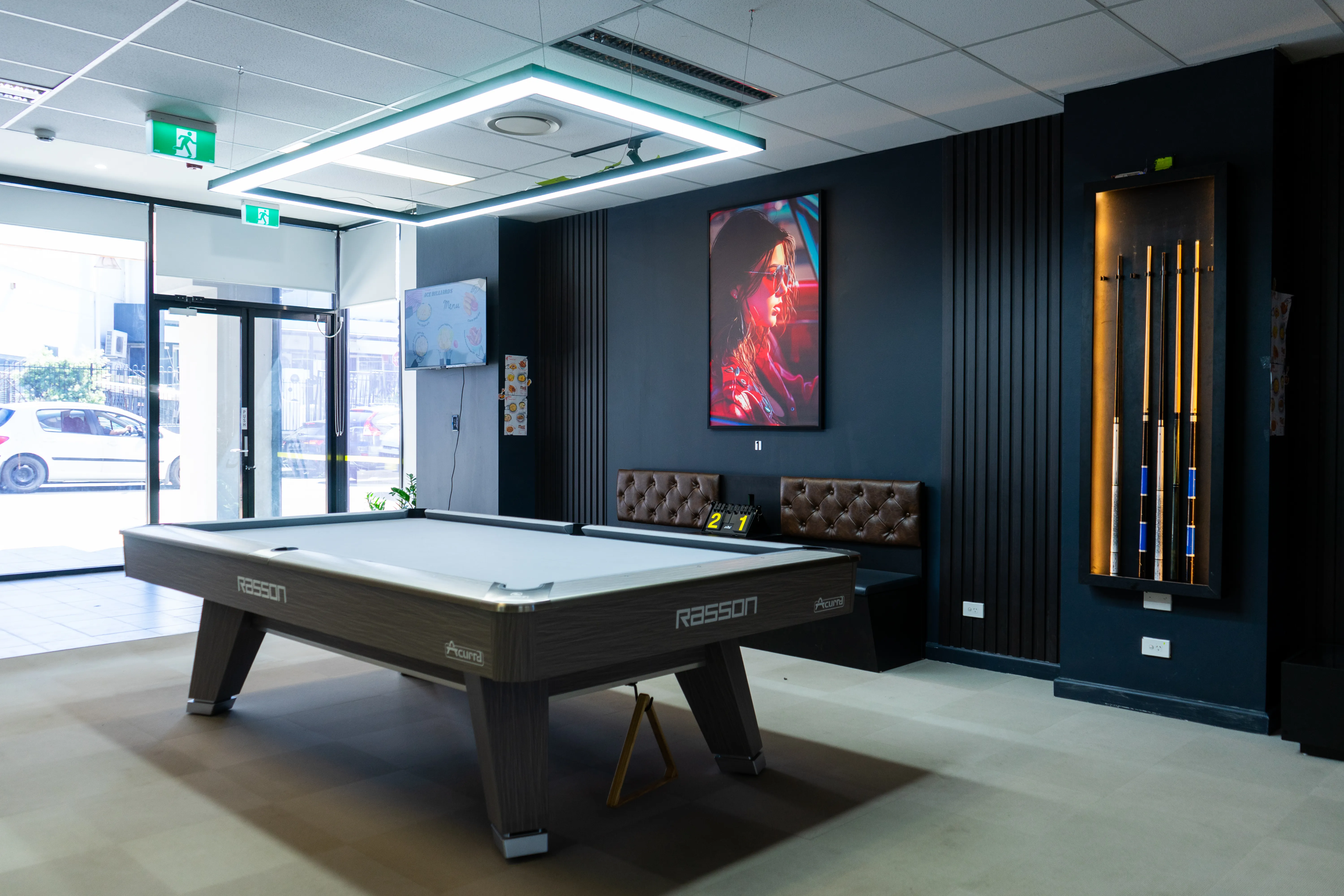 Ace Billiards Club — Pool table and lounge seating, IDG Design