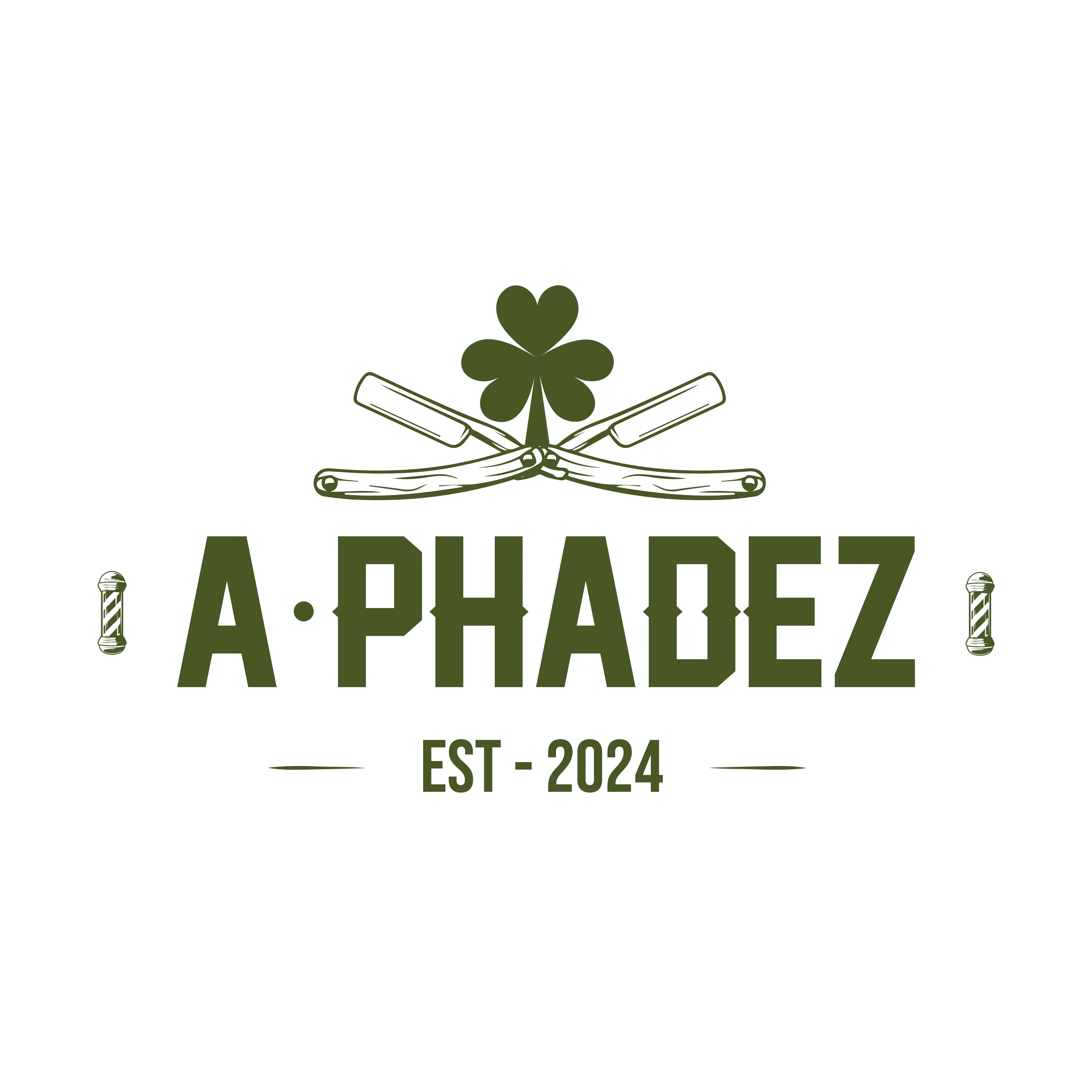 Vintage badge logo for A·Phadez Barber Est. 2024 — crossed razors and shamrock on white