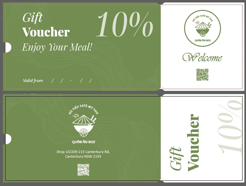 10% gift voucher card with logo and QR code in olive-green palette