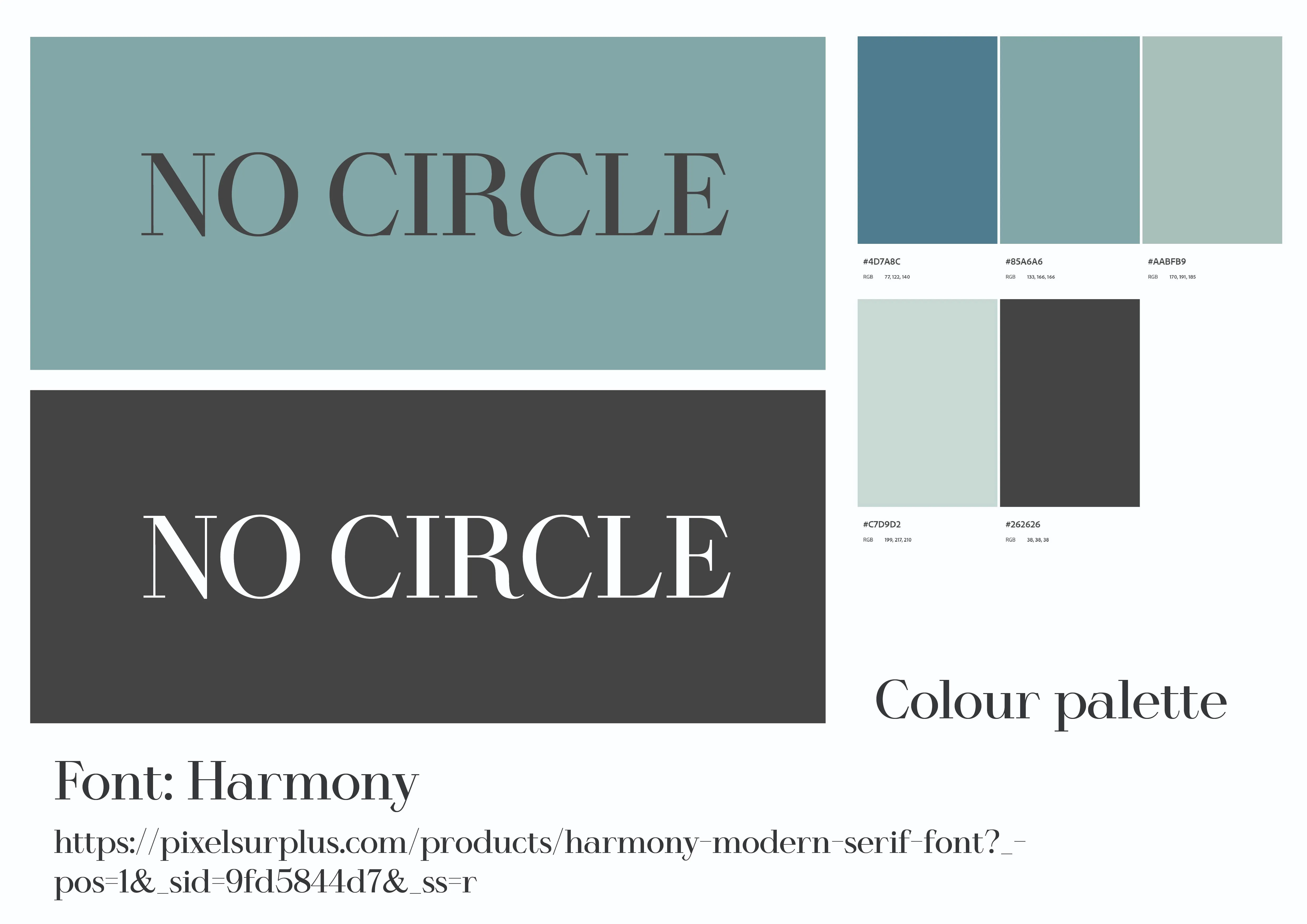 No Circle brand guidelines — logo on teal and charcoal, five-swatch colour palette