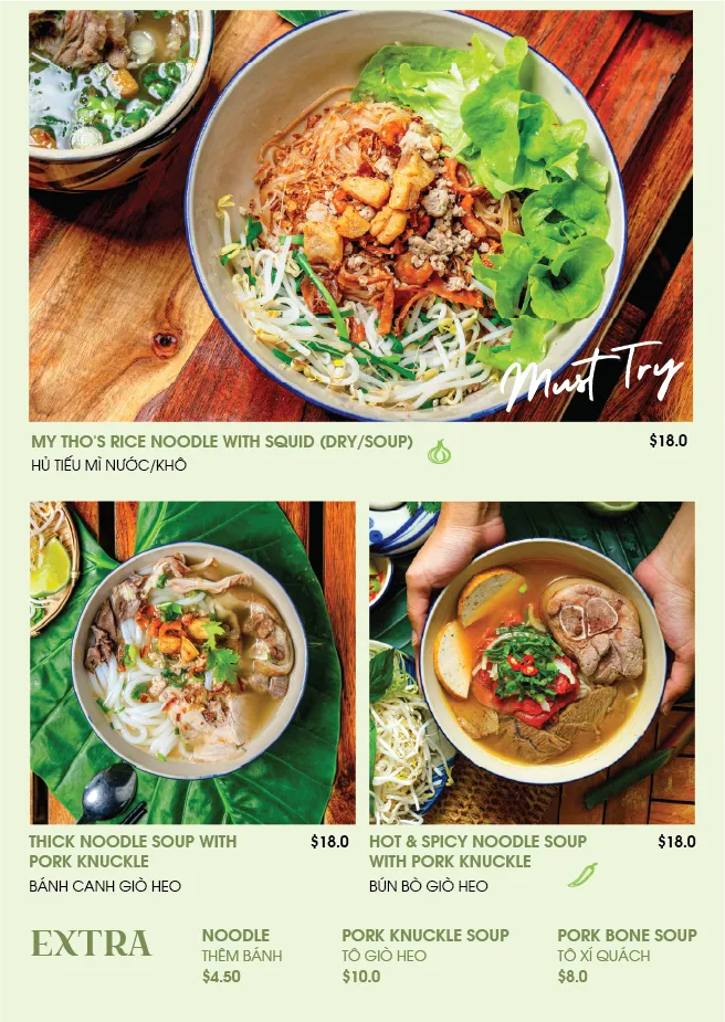 Menu layout showing food photography of rice noodle soup with squid